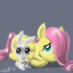 Size: 640x640 | Tagged: safe, artist:giantmosquito, character:angel bunny, character:fluttershy, species:pegasus, species:pony, species:rabbit, animal, dr adorable, duo, female, filly, folded wings, goggles, gray background, hair over one eye, looking at you, looking up, prone, simple background, wings