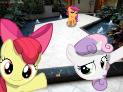 Size: 1277x958 | Tagged: safe, artist:digitalpheonix, artist:saveman71, artist:suxtonhael, artist:uxyd, character:apple bloom, character:scootaloo, character:sweetie belle, species:pegasus, species:pony, cutie mark crusaders, irl, long neck, photo, photobomb, ponies in real life, shadow, sweetie giraffe, vector, water fountain