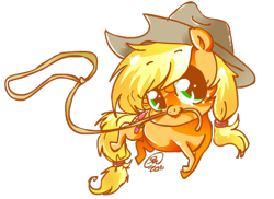 Size: 550x400 | Tagged: dead source, safe, artist:conphettey, character:applejack, species:earth pony, species:pony, clothing, cute, female, freckles, hat, lasso, mare, mouth hold, simple background, solo, transparent background
