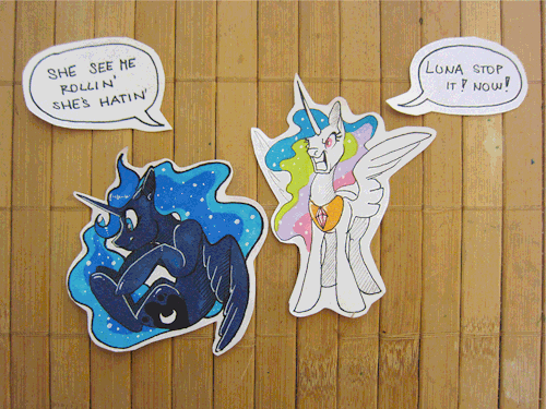 Size: 500x375 | Tagged: safe, artist:casynuf, character:princess celestia, character:princess luna, angry, animated, dialogue, irl, singing, speech bubble, stop motion