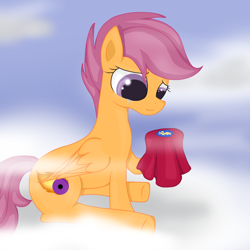 Size: 1024x1024 | Tagged: safe, artist:novabytes, character:scootaloo, species:pegasus, species:pony, cape, clothing, cloud, cmc cape, crying, cutie mark, female, hooves, mare, older, on a cloud, sitting, sitting on a cloud, sky, solo, teary eyes, underhoof, wings