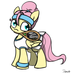 Size: 1446x1500 | Tagged: safe, artist:ramott, character:fluttershy, alternate hairstyle, clothing, female, headband, mouth hold, skirt, solo, tennis, tennis racket