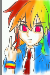 Size: 320x480 | Tagged: safe, artist:asdf314159265, character:rainbow dash, species:human, female, humanized, middle finger, necktie, sketchy, solo, vulgar