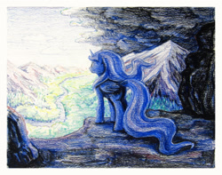 Size: 1870x1475 | Tagged: safe, artist:dahtamnay, character:princess luna, species:alicorn, species:pony, cliff, cloud, cloudy, female, forest, looking up, mountain, river, scenery, sky, solo, stormcloud, thunderstorm, traditional art