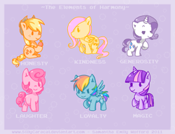 Size: 1669x1278 | Tagged: dead source, safe, artist:conphettey, character:applejack, character:fluttershy, character:pinkie pie, character:rainbow dash, character:rarity, character:twilight sparkle, species:earth pony, species:pegasus, species:pony, species:unicorn, abstract background, chibi, clothing, cute, elements of harmony, female, freckles, hat, mane six, mare