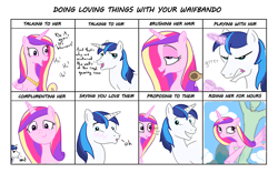 Size: 2080x1300 | Tagged: safe, artist:varemia, character:princess cadance, character:shining armor, oc, oc:anon, species:human, ahegao, bedroom eyes, blushing, brush, brushie, controller, doing loving things, drool, flying, frown, glare, grin, gritted teeth, implied bisexual, looking at you, love, magic, meme, open mouth, polyamory, polygamy, riding, smiling, telekinesis, waifbando, wide eyes