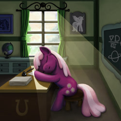 Size: 1600x1600 | Tagged: safe, artist:dahtamnay, character:cheerilee, classroom, crepuscular rays, desk, female, sleeping, solo, table, window