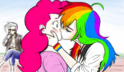 Size: 1024x600 | Tagged: safe, artist:asdf314159265, character:gilda, character:pinkie pie, character:rainbow dash, species:human, ship:pinkiedash, cigarette, female, humanized, kissing, lesbian, shipping, smoking, surprise kiss, surprised