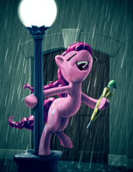 Size: 638x826 | Tagged: safe, artist:giantmosquito, character:pinkie pie, parody, rain, singin' in the rain, singing, streetlight, umbrella, wip