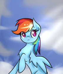 Size: 720x840 | Tagged: safe, artist:novabytes, character:rainbow dash, species:pegasus, species:pony, chest fluff, cloud, crepuscular rays, cutie mark, female, hooves, mare, on a cloud, raised hoof, sitting, sitting on a cloud, sky, solo, spread wings, wings
