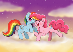 Size: 2800x2000 | Tagged: dead source, safe, artist:maplesunrise, character:pinkie pie, character:rainbow dash, ship:pinkiedash, blushing, cloud, cloudy, cute, eyes closed, female, high res, holding hooves, lesbian, nuzzling, open mouth, shipping, smiling, wink
