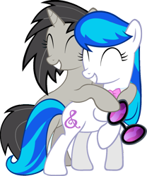 Size: 1024x1228 | Tagged: safe, artist:aborrozakale, character:dj pon-3, character:octavia melody, character:vinyl scratch, species:earth pony, species:pony, species:unicorn, alternate universe, bow tie, cutie mark, eyes closed, female, hooves, horn, hug, mare, palette swap, simple background, smiling, sunglasses, swapped cutie marks, teeth, transparent background, vector