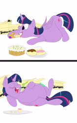 Size: 2800x4446 | Tagged: safe, artist:anonopony, character:twilight sparkle, character:twilight sparkle (alicorn), species:alicorn, species:pony, belly, belly button, bellyrubs, burp, donut, eating, eyes closed, fat, female, food, mare, obese, on back, pie, princess twilard, solo, squishy, stomach noise, stuffed, stuffing, twilard sparkle