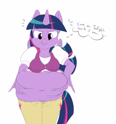 Size: 2800x3000 | Tagged: safe, artist:anonopony, character:twilight sparkle, character:twilight sparkle (alicorn), species:alicorn, species:anthro, species:pony, belly, belly button, belly grab, big belly, chubby, chubby twilight, fat, female, need to go on a diet, need to lose weight, obese, princess twilard, solo, squishy, sucking, thought bubble, tight clothing, too fat, twilard sparkle, wavy mouth