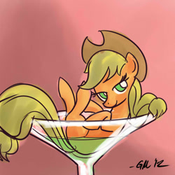 Size: 640x640 | Tagged: safe, artist:giantmosquito, character:applejack, species:pony, appletini, cup of pony, drink, female, food, looking at you, micro, solo