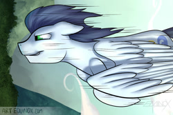 Size: 1280x853 | Tagged: safe, artist:noxy, character:soarin', species:pegasus, species:pony, backwards cutie mark, diving, flying, male, solo, speed