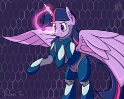 Size: 1024x819 | Tagged: safe, artist:tlatophat, character:twilight sparkle, character:twilight sparkle (alicorn), species:alicorn, species:pony, g4, abstract background, armor, cyberpunk, female, futuristic, magic, mare, powered exoskeleton, rearing, science fiction, scouter, signature, solo, spread wings, text, three quarter view, wings