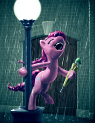 Size: 1313x1688 | Tagged: safe, artist:giantmosquito, character:pinkie pie, species:pony, bipedal, cute, diapinkes, eyes closed, featured on derpibooru, female, lamppost, open mouth, parody, rain, singin' in the rain, singing, smiling, solo, streetlight, umbrella, wet, wet mane, wip