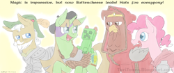 Size: 1024x430 | Tagged: safe, artist:taritoons, character:apple strudel, character:pinkie pie, oc, oc:buttercheese, oc:thunder riff, adventuring party, apple family member, baldur's gate, crossover, dungeons and dragons, edwin, forgotten realms, minsc