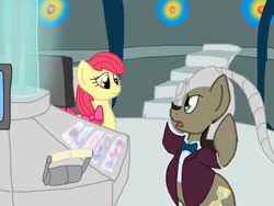 Size: 1024x768 | Tagged: safe, artist:biosonic100, character:apple bloom, character:doctor whooves, character:time turner, bow tie, clothing, doctor who, eleventh doctor, older, shirt, tardis, tardis console room, tardis control room, the doctor