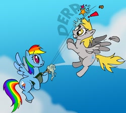 Size: 856x767 | Tagged: safe, artist:susiebeeca, character:derpy hooves, character:rainbow dash, species:pegasus, species:pony, bottle, champagne, cork, derp, female, mare