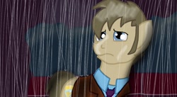 Size: 1024x560 | Tagged: safe, artist:biosonic100, character:doctor whooves, character:time turner, clothing, doctor who, male, pouting, rain, shirt, solo, suit, tenth doctor, trenchcoat