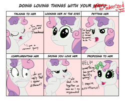 Size: 1600x1300 | Tagged: safe, artist:varemia, character:sweetie belle, g3.5, newborn cuties, dialogue, doing loving things, looking at you, meme, mentally advanced series, open mouth, rainbow dash presents, sweat, thrackerzod