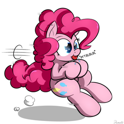 Size: 1500x1500 | Tagged: safe, artist:ramott, character:pinkie pie, species:pony, blep, cute, diapinkes, driving, female, fluffle puffing, imaginary car, motion lines, pinkie being pinkie, raspberry, silly, silly pony, simple background, solo, spit, tongue out, white background