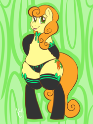 Size: 3000x4000 | Tagged: safe, artist:collaredginger, character:carrot top, character:golden harvest, species:pony, bipedal, clothing, collar, panties, pinup, plump, ribbon, semi-anthro, socks, underwear, wide hips
