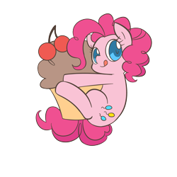 Size: 2000x2000 | Tagged: safe, artist:congee-painting, character:pinkie pie, species:pony, cherry, cute, diapinkes, female, high res, hug, muffin, pixiv, simple background, solo, tongue out, transparent background