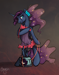 Size: 2363x3000 | Tagged: safe, artist:casynuf, character:princess luna, species:alicorn, species:pony, luna-afterdark, g4, babydoll, bedroom eyes, bipedal, clothing, curved horn, eyebrows, female, leash, lingerie, looking at you, lunaafterdarkafterdark, mare, negligee, ponytail, scrunchie, solo, toaster
