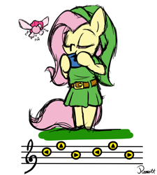 Size: 1350x1500 | Tagged: safe, artist:ramott, character:fluttershy, character:pinkie pie, crossover, link, musical instrument, navi, ocarina, sketch, song, the legend of zelda, the legend of zelda: ocarina of time, zelda's lullaby