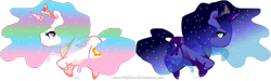 Size: 981x294 | Tagged: dead source, safe, artist:conphettey, character:princess celestia, character:princess luna, species:alicorn, species:pony, chibi, ethereal mane, female, galaxy mane, mare, simple background, transparent background