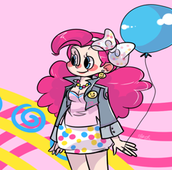 Size: 610x604 | Tagged: dead source, safe, artist:conphettey, character:pinkie pie, species:human, abstract background, balloon, baloon, bow, female, hair bow, humanized, solo