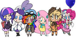 Size: 1000x506 | Tagged: safe, artist:conphettey, character:applejack, character:fluttershy, character:pinkie pie, character:rainbow dash, character:rarity, character:twilight sparkle, species:human, balloon, clothing, dress, female, hat, humanized, mane six, simple background, skirt, white background