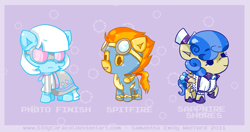Size: 1181x623 | Tagged: dead source, safe, artist:conphettey, character:photo finish, character:sapphire shores, character:spitfire, species:earth pony, species:pegasus, species:pony, chibi, clothing, female, goggles, mare, uniform, wonderbolts uniform