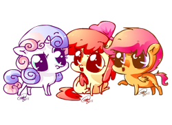Size: 550x400 | Tagged: dead source, safe, artist:conphettey, character:apple bloom, character:scootaloo, character:sweetie belle, species:earth pony, species:pegasus, species:pony, species:unicorn, chibi, cutie mark crusaders, female, filly, simple background, transparent background