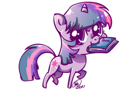 Size: 550x400 | Tagged: dead source, safe, artist:conphettey, character:twilight sparkle, species:pony, species:unicorn, book, chibi, female, mare, mouth hold, simple background, solo, transparent background