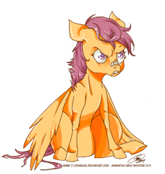 Size: 568x600 | Tagged: dead source, safe, artist:conphettey, character:scootaloo, species:pegasus, species:pony, angry, bandaid, female, filly, scowl, simple background, sitting, solo, transparent background