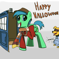Size: 1100x1100 | Tagged: safe, artist:varemia, oc, oc only, species:dog, clothing, costume, doctor who, fourth doctor, halloween, hat, k-9, open mouth, scarf, tardis