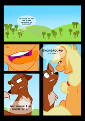 Size: 1500x2138 | Tagged: safe, artist:chubbyjam, character:applejack, species:fox, comic, imminent vore, kitchen eyes, licking lips