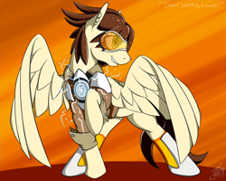 Size: 1024x819 | Tagged: safe, artist:tlatophat, species:pegasus, species:pony, bomber jacket, clothing, ear fluff, female, goggles, grin, jacket, looking back, mare, overwatch, ponified, raised hoof, smiling, solo, tracer