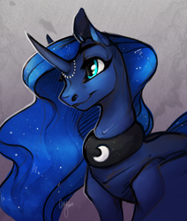 Size: 2200x2600 | Tagged: safe, artist:casynuf, character:princess luna, curved horn, female, horn jewelry, jewelry, portrait, smiling, solo