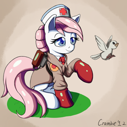 Size: 1066x1066 | Tagged: safe, artist:crombiettw, character:nurse redheart, species:bird, species:pony, archimedes, clothing, colored pupils, crossover, female, lidded eyes, medic, sitting, solo, team fortress 2