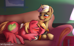 Size: 1280x796 | Tagged: safe, artist:noxy, character:big mcintosh, character:trenderhoof, species:earth pony, species:pony, blushing, couch, ear bite, eyes closed, gay, happy, male, shipping, smiling, snuggling, stallion, trendermac, underhoof, unshorn fetlocks