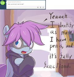 Size: 1280x1338 | Tagged: safe, artist:crombiettw, oc, oc only, oc:goggles, species:pegasus, species:pony, ask, askgoggles, clothing, crossed arms, gender, goggles, hoodie, male, solo, tumblr, vulgar