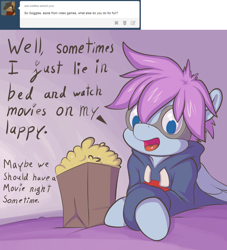 Size: 1280x1410 | Tagged: safe, artist:crombiettw, oc, oc only, oc:goggles, ask, askgoggles, bed, clothing, goggles, hoodie, male, popcorn, solo, tumblr