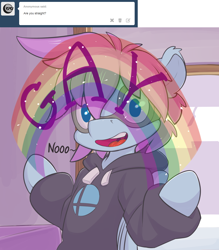 Size: 1280x1464 | Tagged: safe, artist:crombiettw, oc, oc only, oc:goggles, ask, clothing, dialogue, gay, goggles, hoodie, idiot box, imagination, looking at you, male, open mouth, rainbow, smiling, solo, spongebob squarepants, tumblr