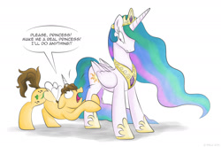 Size: 1831x1215 | Tagged: safe, artist:littlehybridshila, character:princess celestia, oc, oc:cloversong, species:alicorn, species:pony, begging, canon x oc, celestia is not amused, crown, dialogue, fake alicorn, fake horn, fake wings, hoof shoes, jewelry, necklace, princess celestia is not amused, regalia, speech bubble, unamused