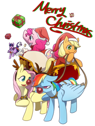 Size: 900x1200 | Tagged: safe, artist:norang94, character:applejack, character:fluttershy, character:pinkie pie, character:rainbow dash, character:rarity, character:twilight sparkle, character:twilight sparkle (alicorn), species:alicorn, species:pony, bag, christmas, female, mane six, mare, present, rainbow dash is not amused, red nosed reindeer, rudolph dash, sleigh, unamused